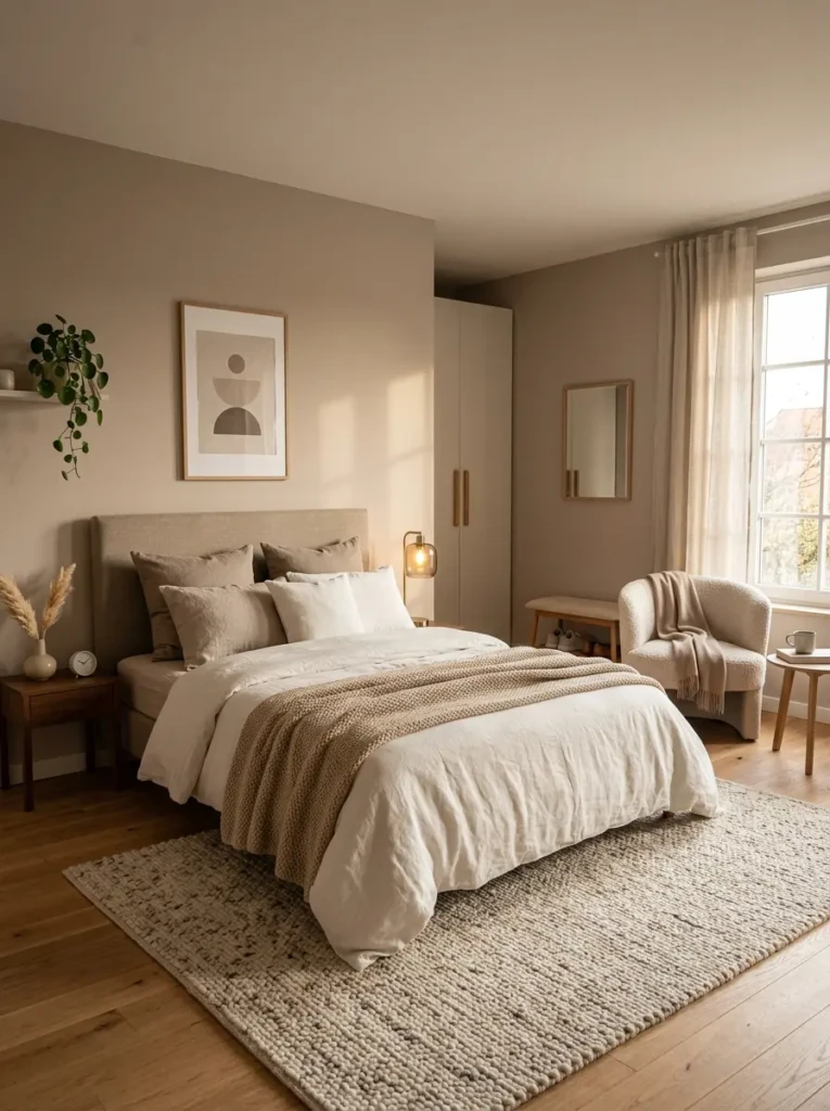 Bedroom with wool rug, soft taupe decor, airy bedding, and warm natural lighting.