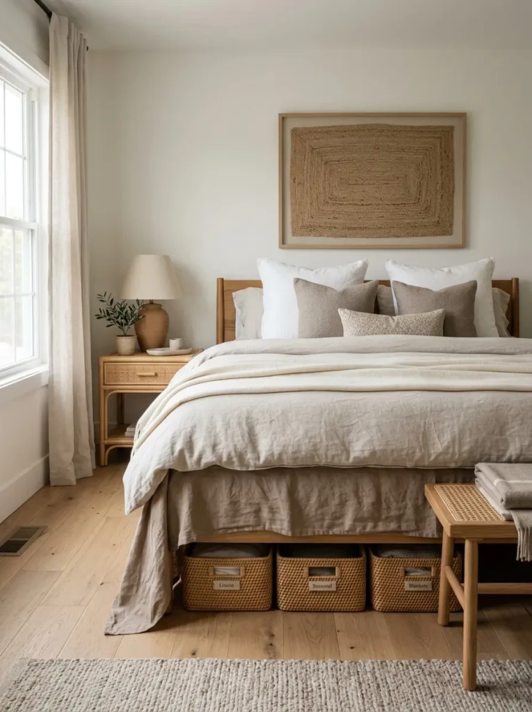 Woven baskets tucked neatly under a cozy bed with a soft linen bed skirt.