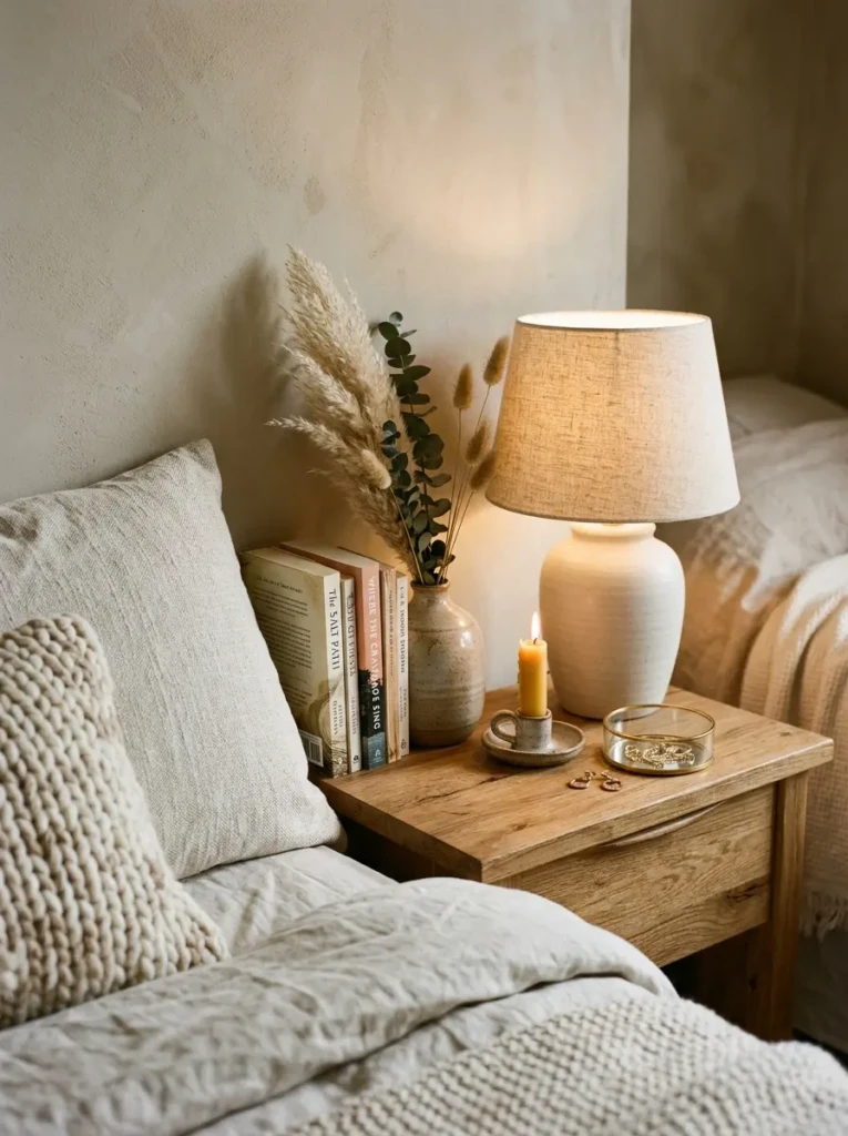 Elegant bedside setup with soft lighting and calming neutral accents