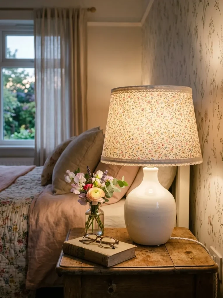Bedside lamp with a floral fabric lampshade, ribbon trim, white ceramic base, and warm cozy bedroom lighting.