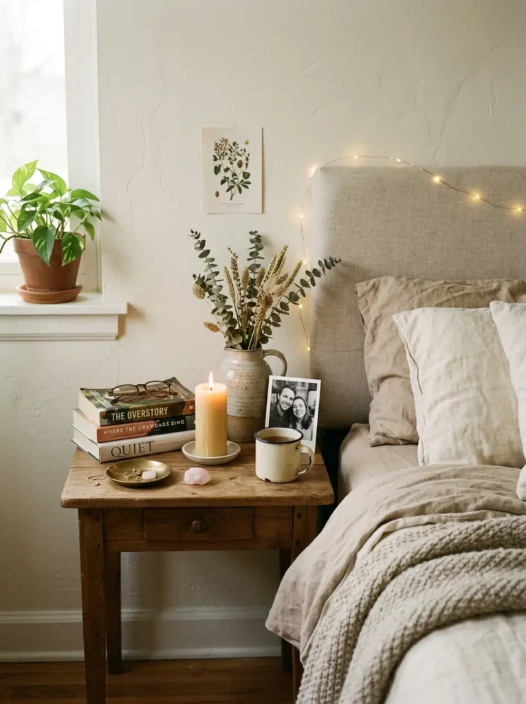 Cozy bedside styling with books, candles, and simple decorative accents.