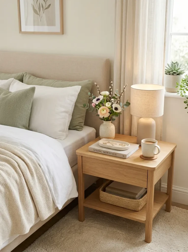 Minimal bedside table decorated with cozy neutral spring decor