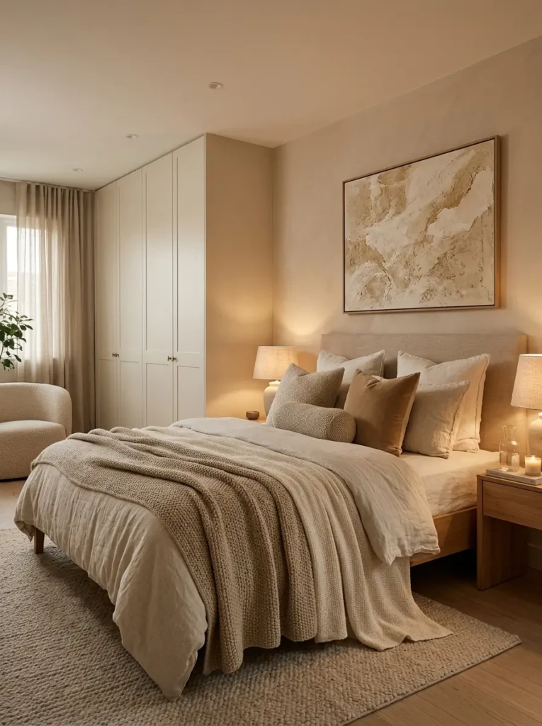 Warm beige bedroom with cream wardrobe panels, textured pillows, and layered blankets.