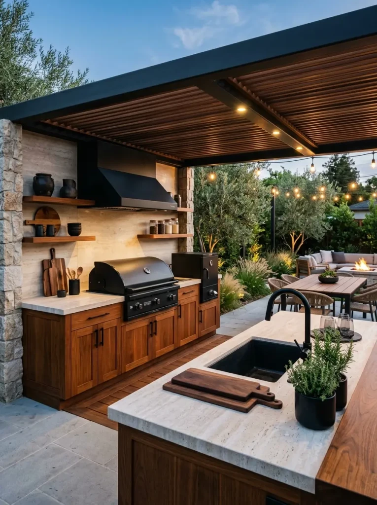 Outdoor kitchen featuring black accents paired with warm wood textures