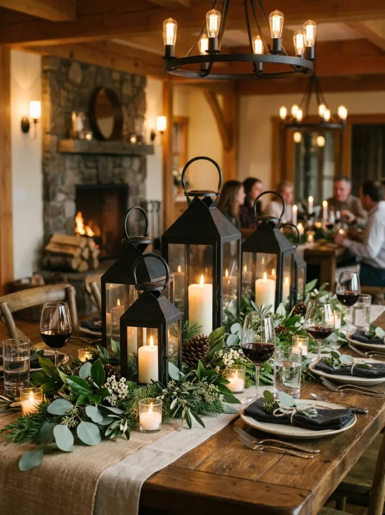 Black lanterns with greenery and candles on elegant dining table