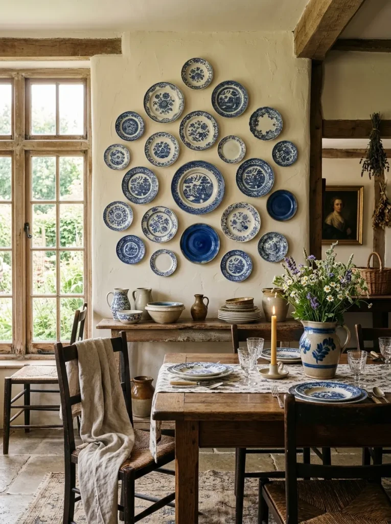 Dining room with blue-and-white ceramic plates arranged in an artistic wall layout