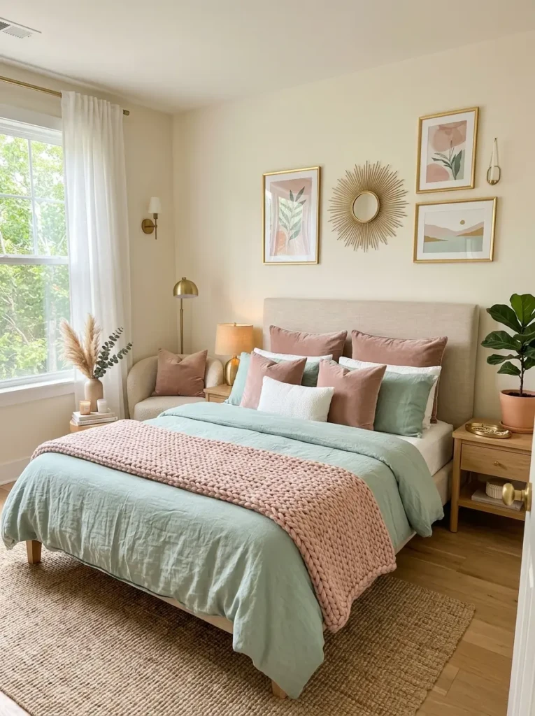 Cozy mint green bedroom with muted blush accents and elegant gold details