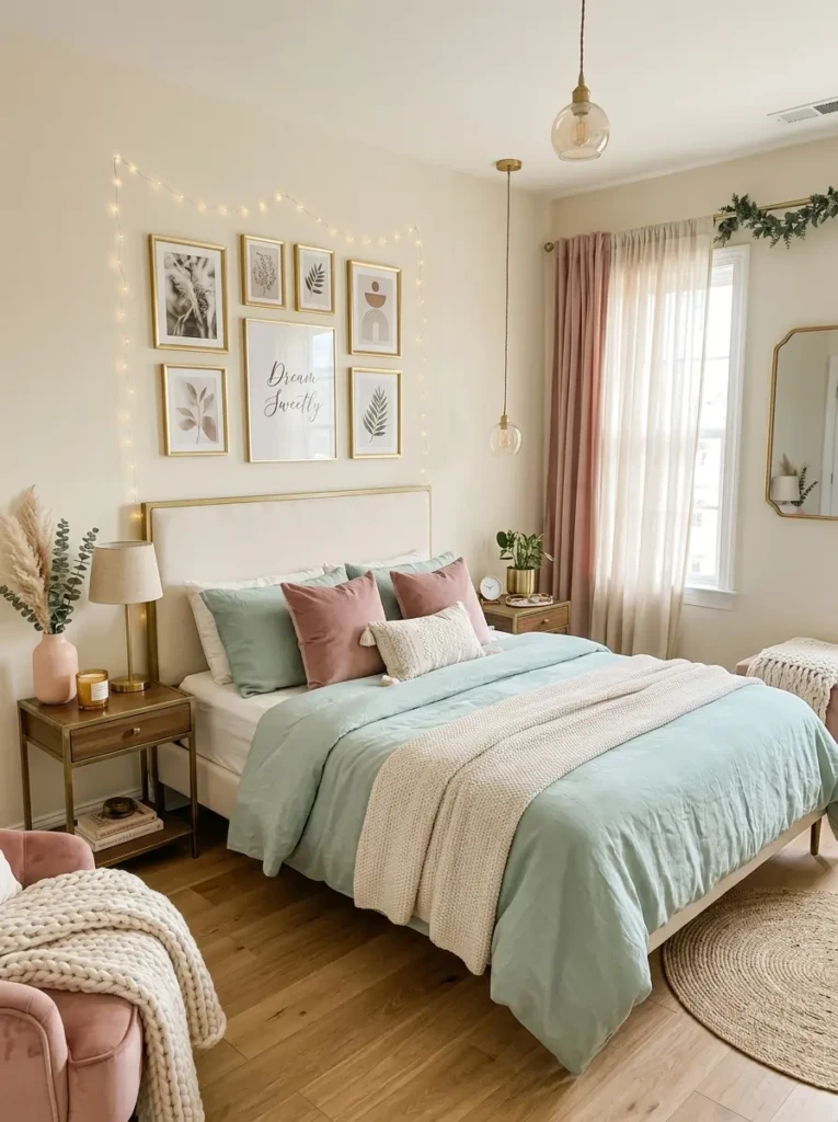 Uncluttered mint bedroom with simple decor and soft natural lighting