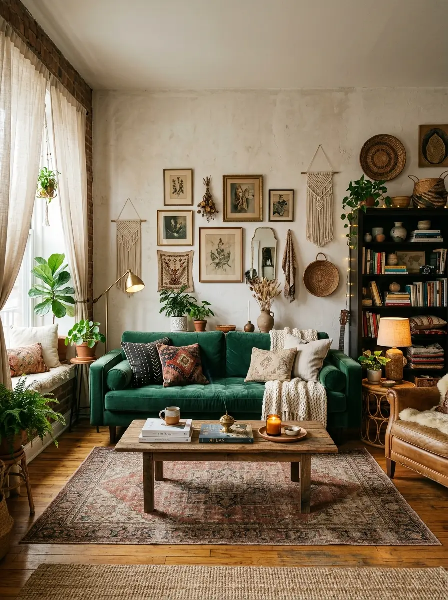 Elegant emerald green sofa in a relaxed boho living room with soft lighting and vintage-inspired decor.