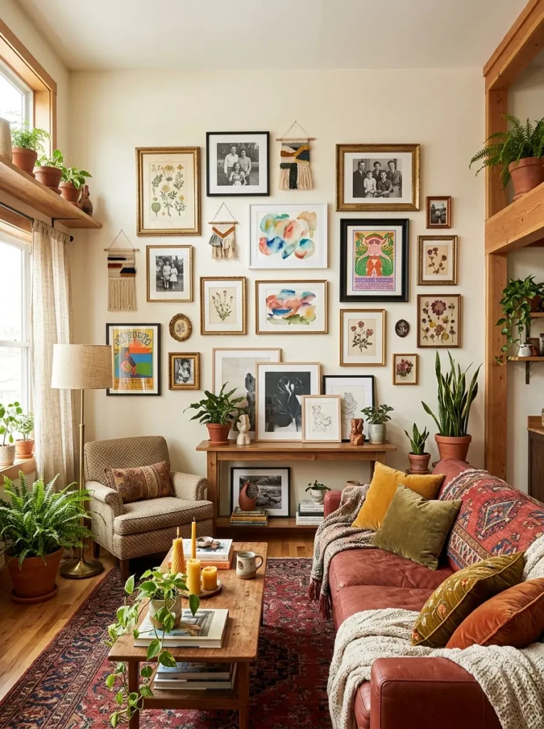 A creative boho living room with a curated gallery wall, handmade artwork, and meaningful decor pieces arranged on shelves