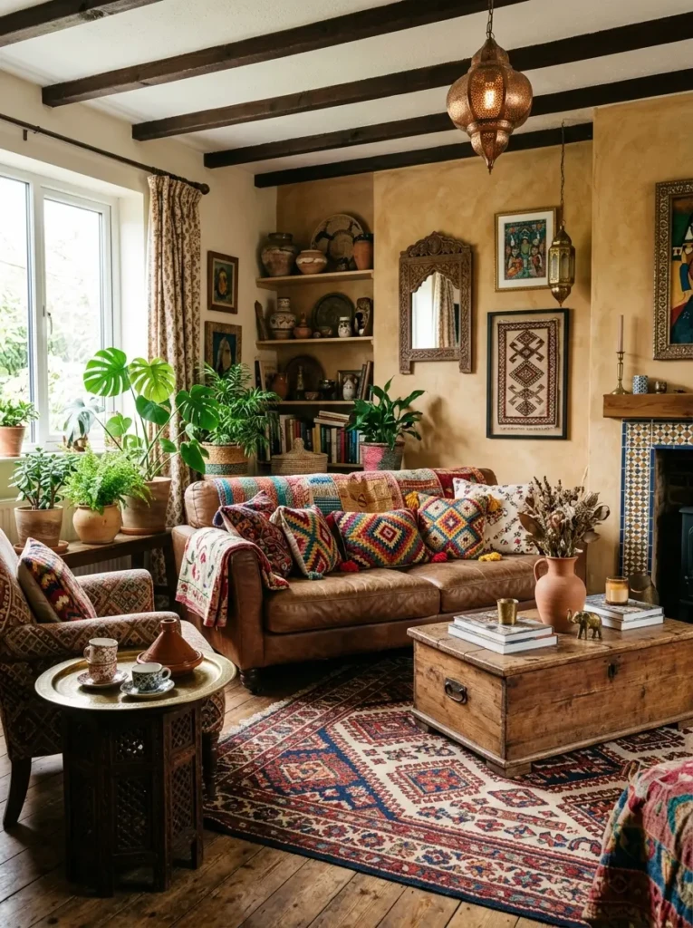 A bohemian living room with Moroccan patterns, Turkish rug, and handcrafted decor creating a warm, eclectic, and worldly feel