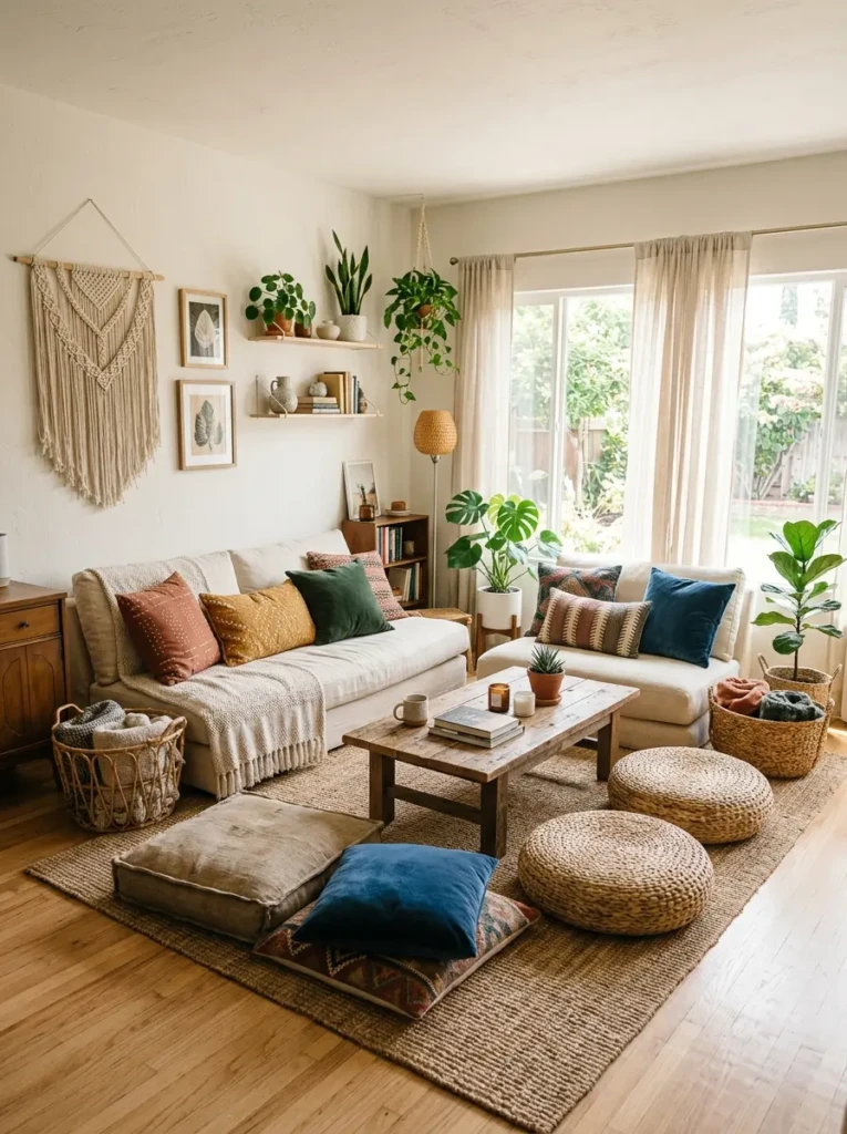 Bohemian living room with low seating, soft floor cushions and poufs in neutral tones creating a cozy relaxed vibe