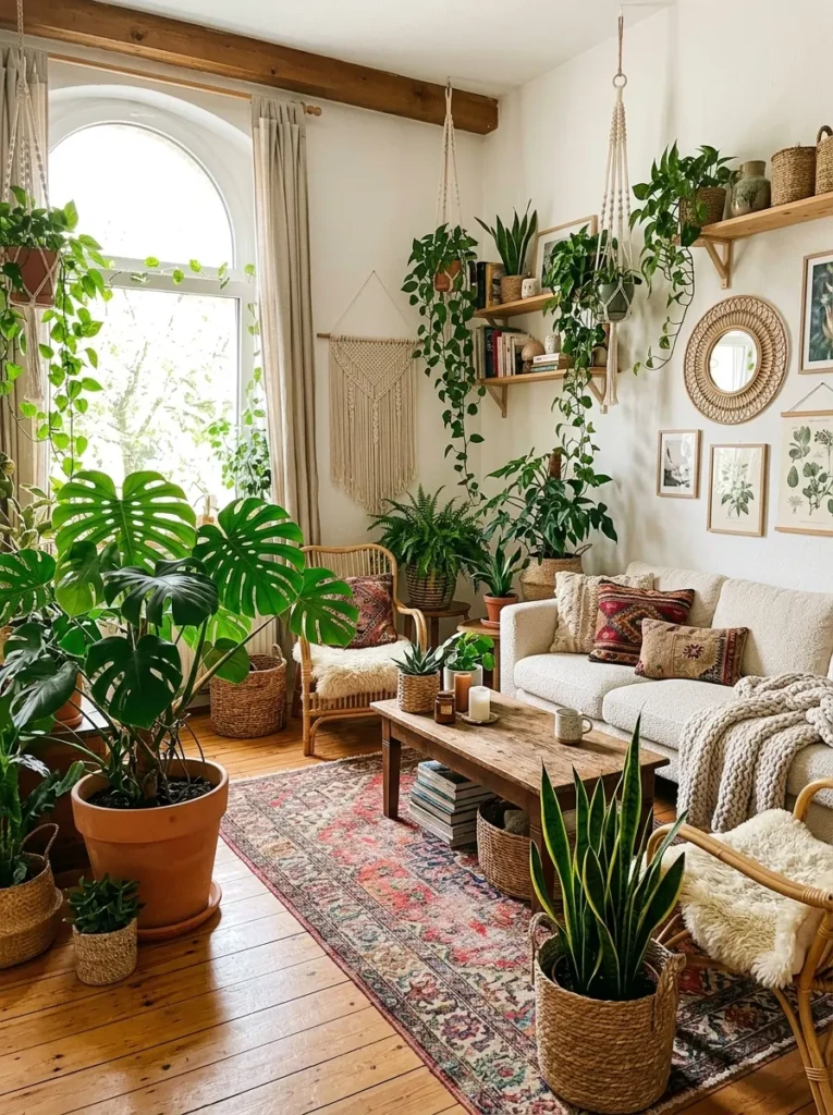 A bohemian living room filled with green plants in woven baskets creating a fresh and lively space