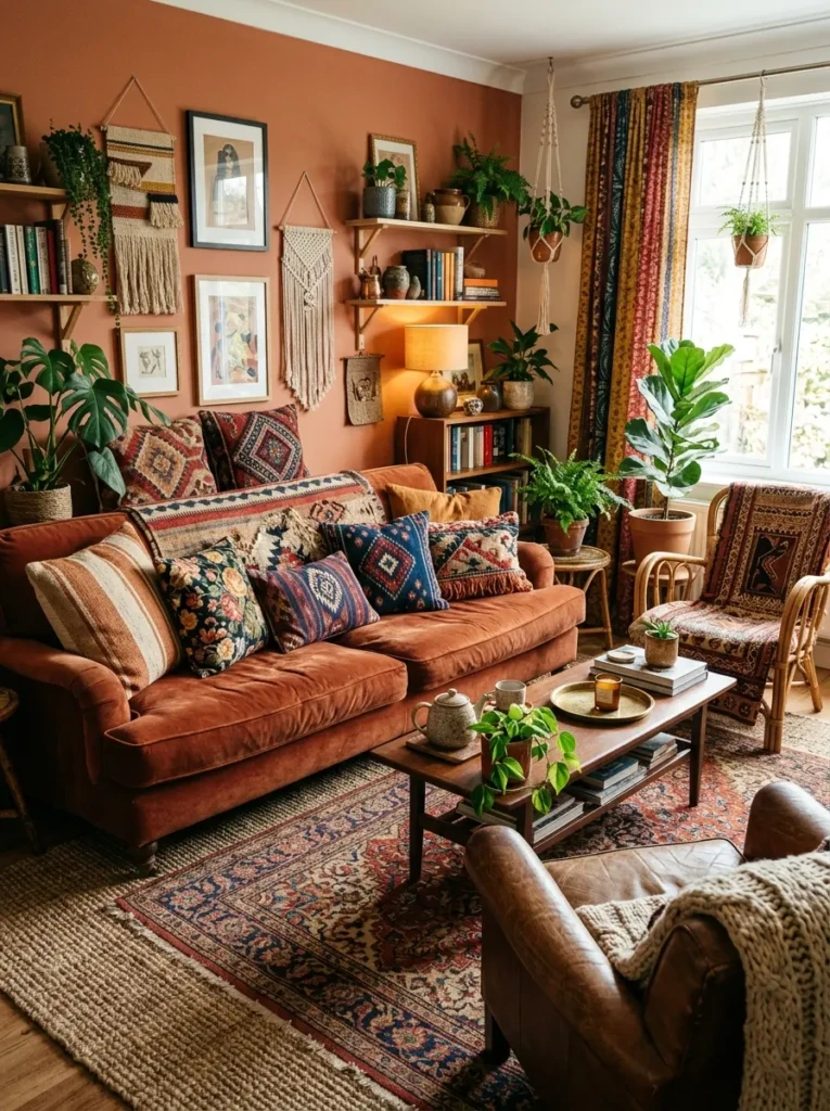 A bohemian living room with mixed patterns including floral, tribal, and striped cushions
