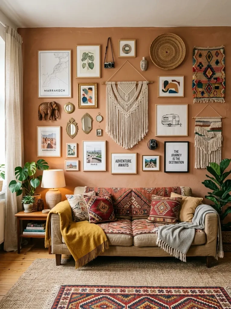 Bohemian living room wall decorated with framed prints, woven art and travel-inspired pieces