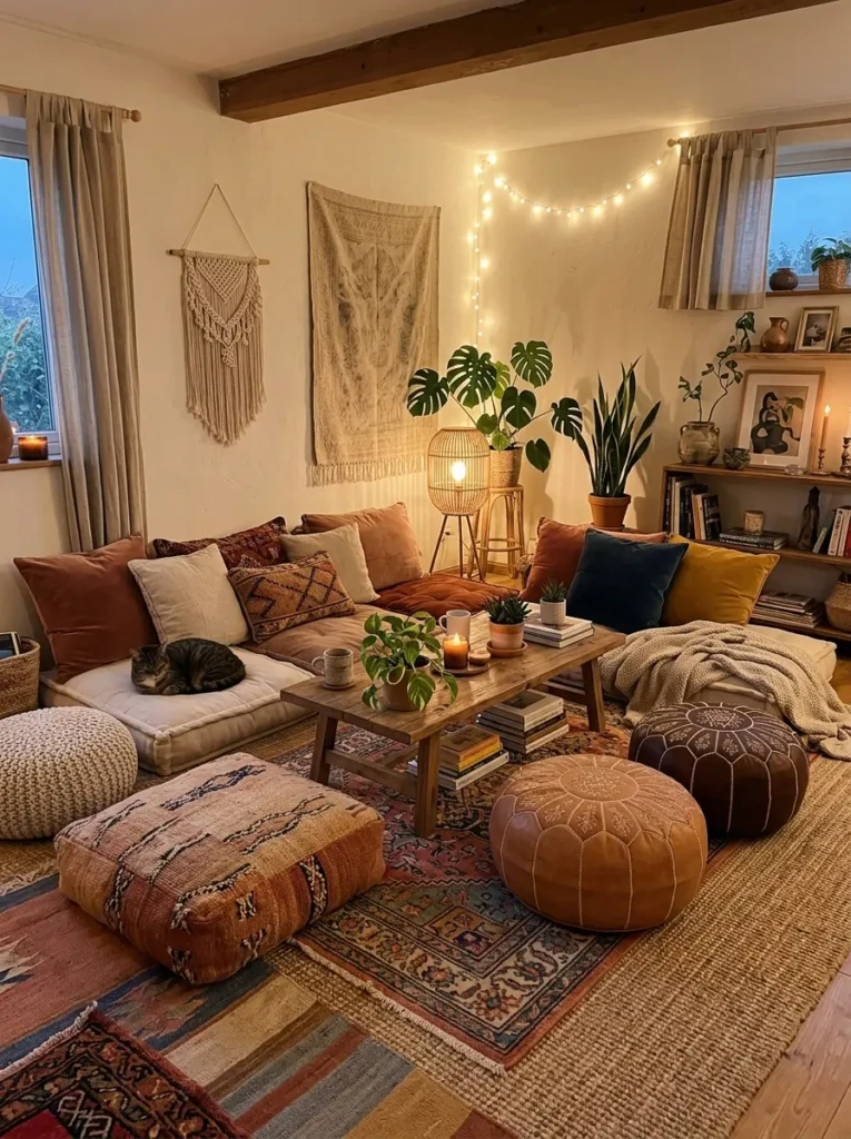A laid-back bohemian living room with floor cushions, poufs, low coffee table, and layered rugs creating a cozy lounge-style setup