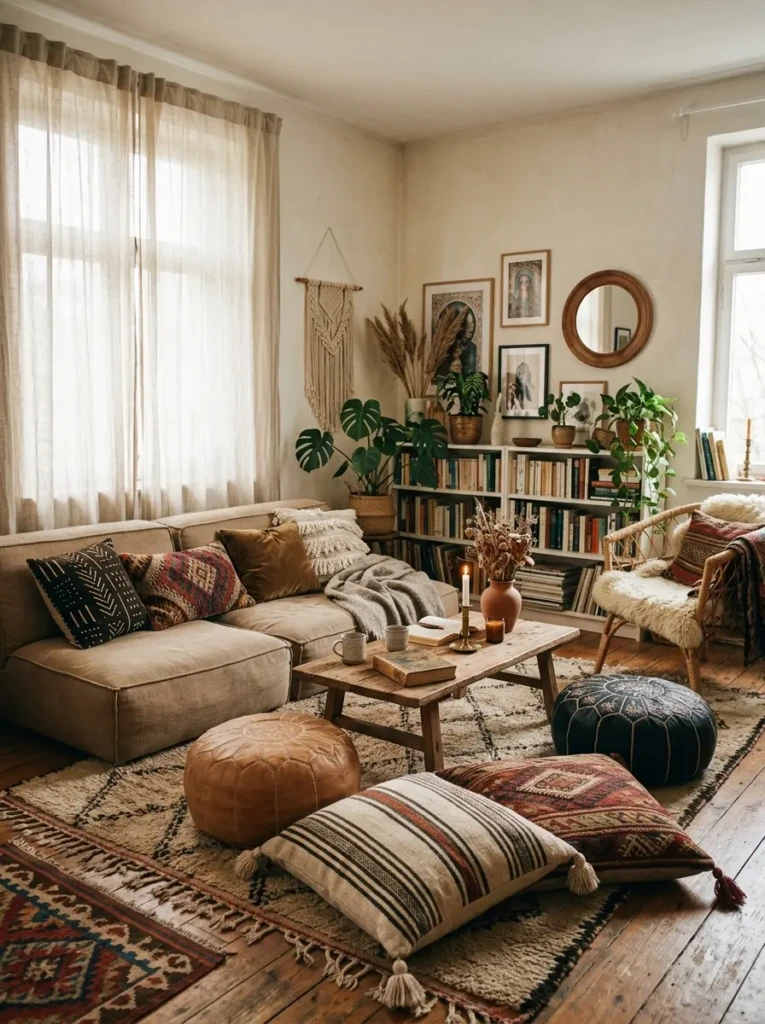Relaxed boho living room with low sofa, floor cushions, and poufs arranged in a cozy and inviting layout