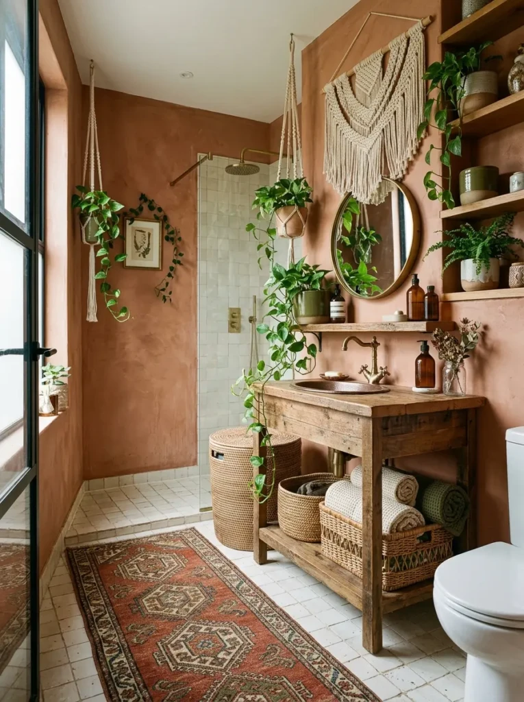 Earthy boho bathroom with terracotta tones, rattan baskets, patterned rug, macramé wall hanging, ceramics, and trailing plants.