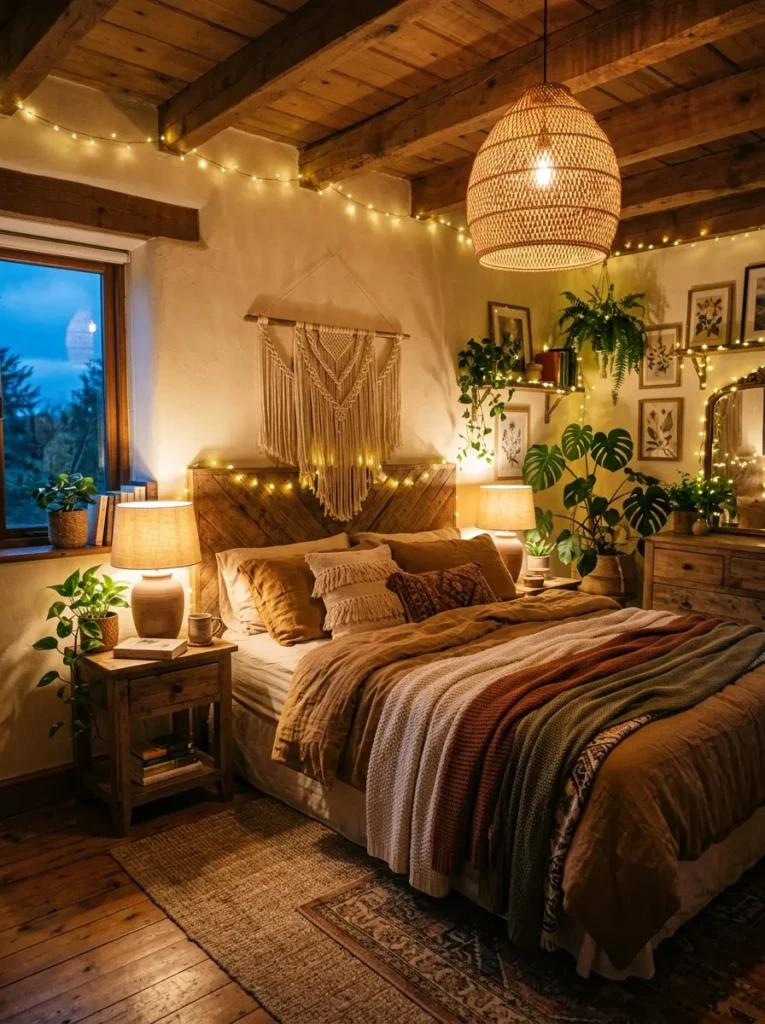 Cozy boho bedroom with warm bedside lamps, rattan pendant light, fairy lights, textured bedding, and soft amber glow.