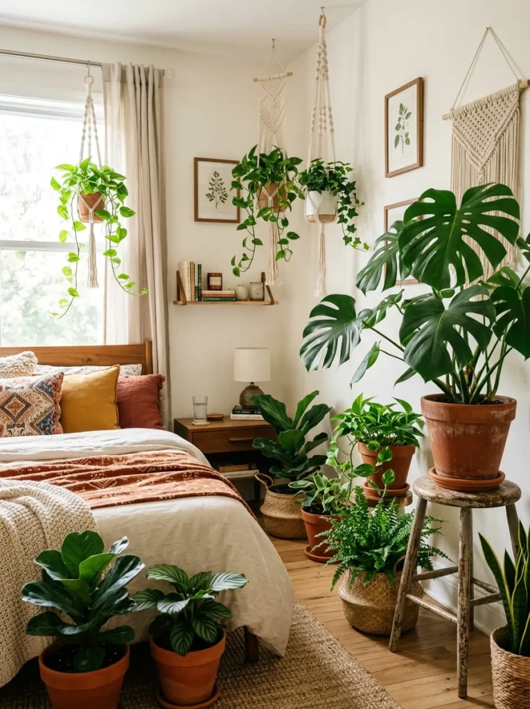 Boho bedroom corner styled with indoor plants, terracotta pots, woven baskets, macrame hangers, and natural sunlight.