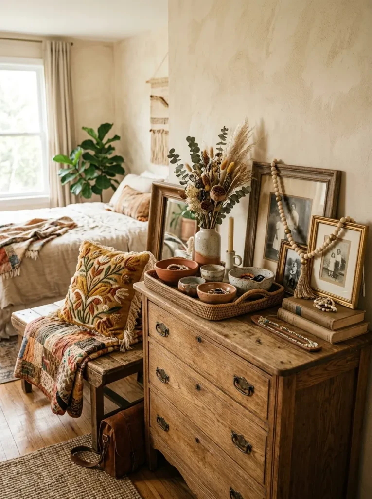 Boho bedroom dresser styled with ceramic bowls, thrifted frames, woven tray, beaded garland, dried flowers, and vintage quilt.