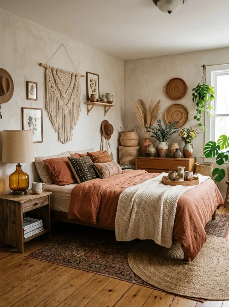 Boho bedroom decorated with handmade pottery, macramé wall art, and woven accents