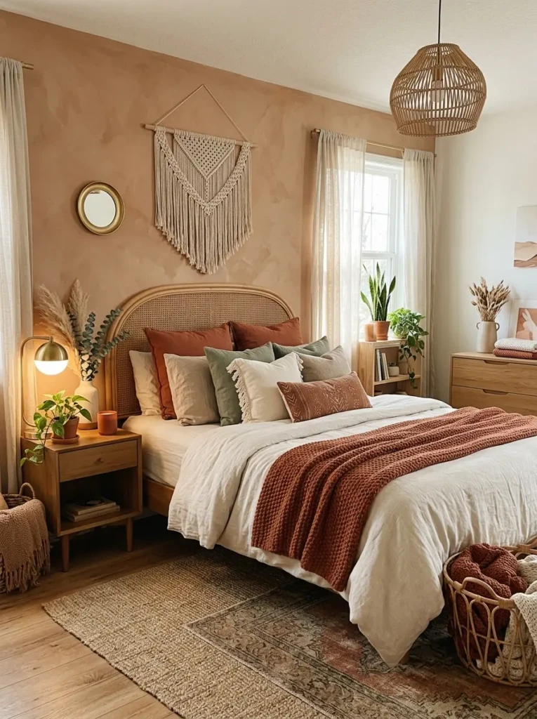 Warm boho bedroom styled with terracotta, sage green, beige, and ivory decor