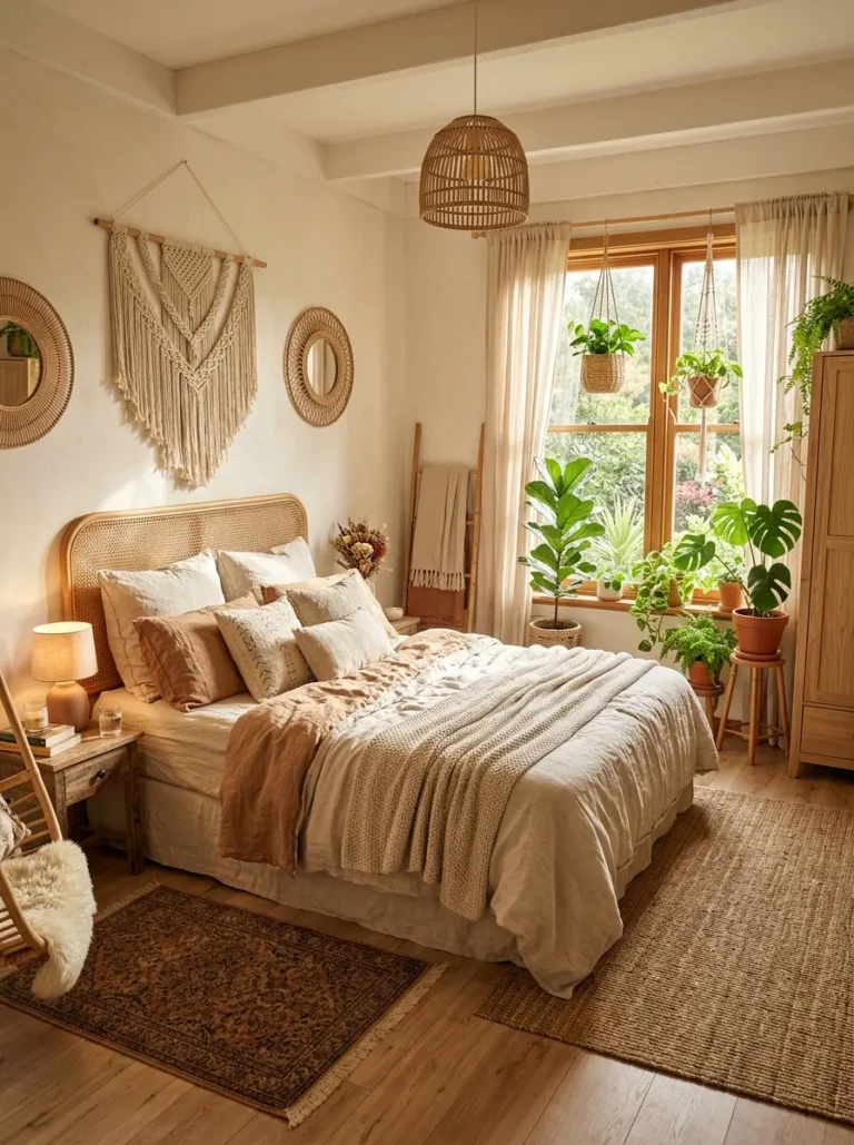 Dreamy boho bedroom with golden morning light, soft linen bedding, layered neutral textiles, rattan accents, and cozy earthy decor.