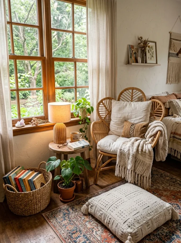 Cozy boho reading nook with a rattan chair, cream cushion, throw blanket, small table, warm lamp, and plants.