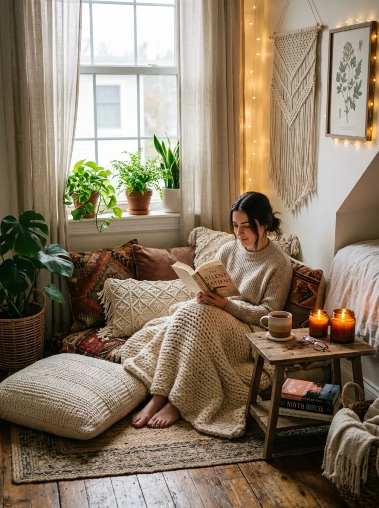Boho bedroom reading nook with floor cushions, candles, and soft warm lighting