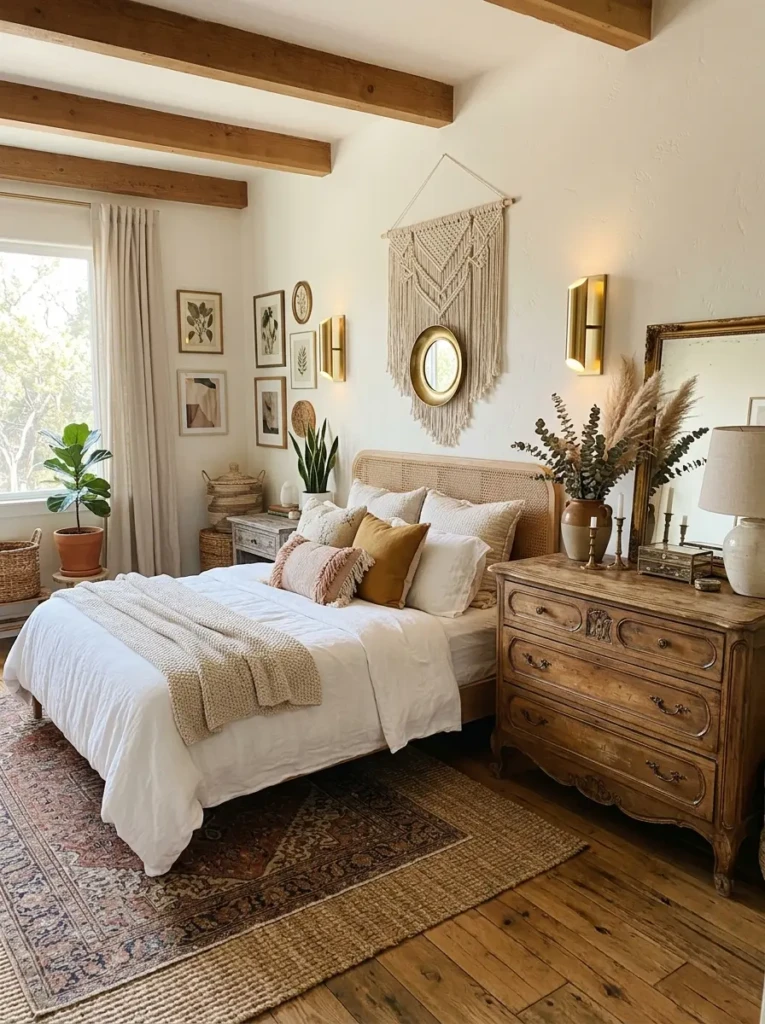 Boho bedroom featuring antique wooden furniture, white bedding, and brass accents