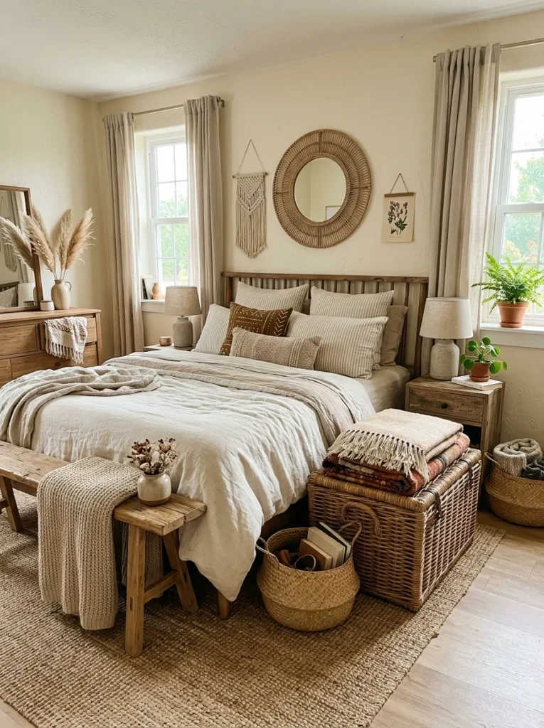 Boho bedroom with woven seagrass baskets, stored blankets, linen bedding, jute rug, and natural wood bench.