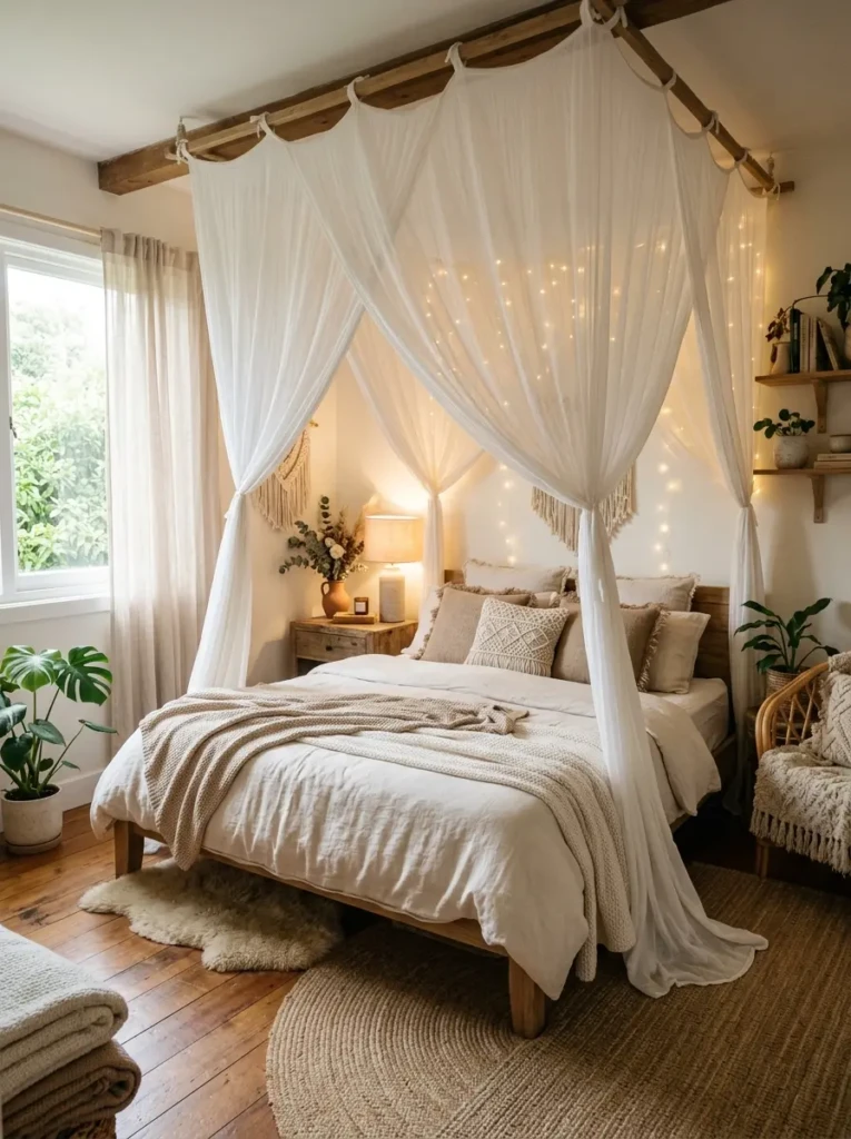 Dreamy boho bedroom with sheer white canopy fabric, soft fairy lights, neutral bedding, and warm cozy decor.