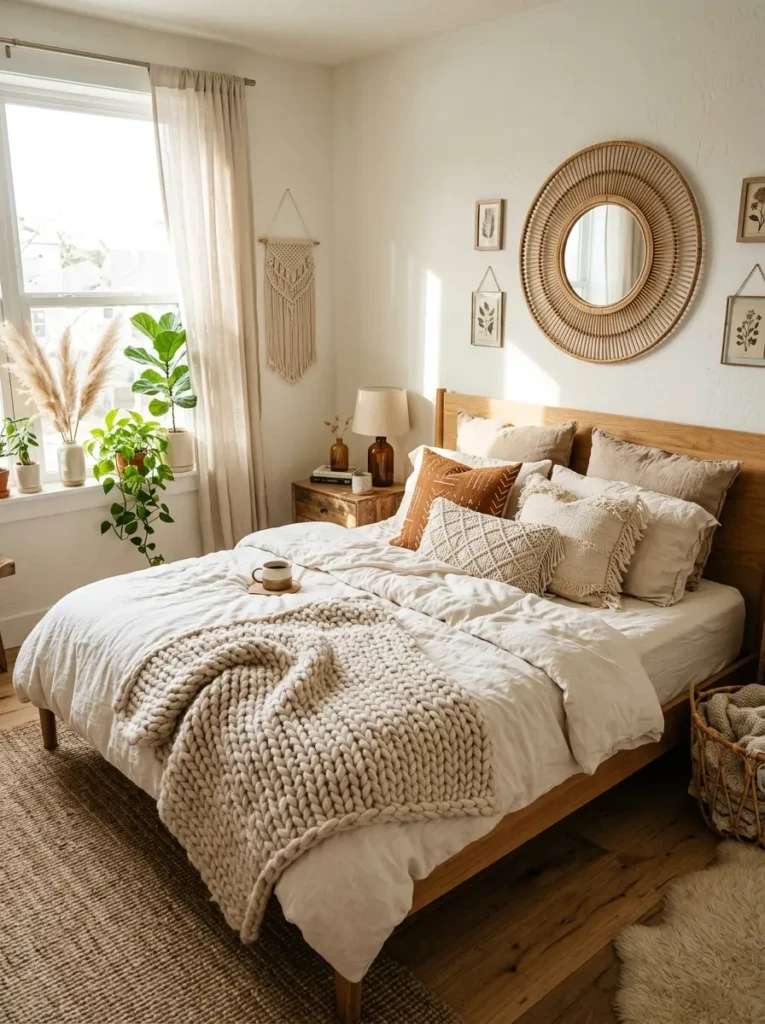 Cozy boho bedroom with ivory linen bedding, chunky knit throw, mixed neutral pillows, and warm morning sunlight.
