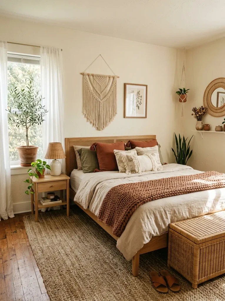 Warm boho bedroom with cream walls, beige bedding, terracotta pillows, olive accents, and natural wood furniture.