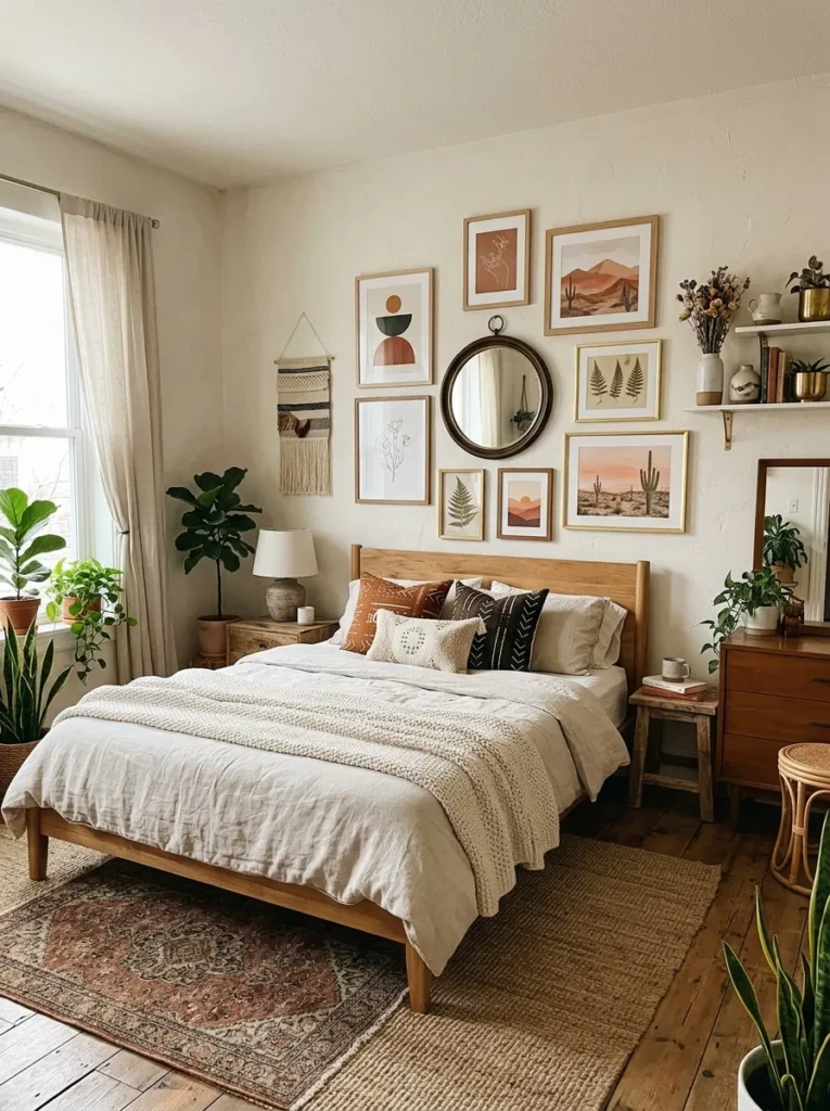 Boho bedroom with a curated gallery wall, abstract prints, botanical art, round mirror, neutral bedding, and wood frames.