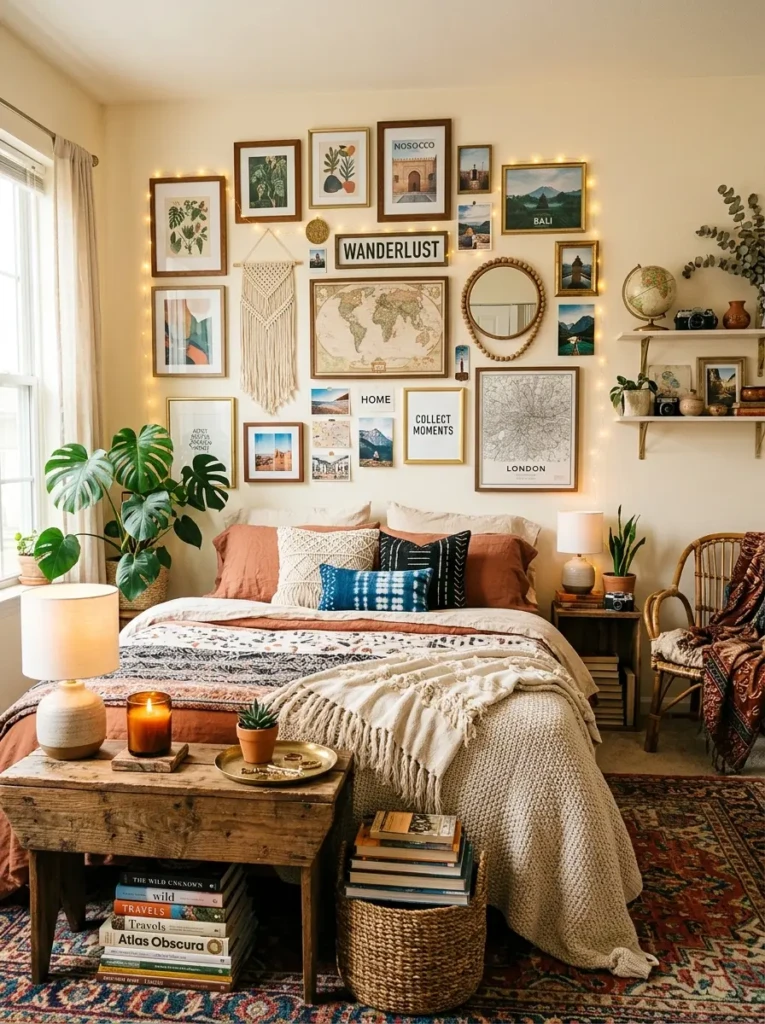 Artistic boho bedroom with gallery wall, framed prints, books, and travel decor