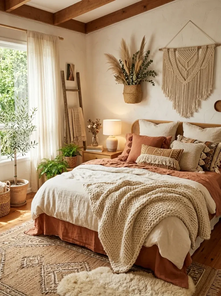 Layered boho bedroom with linen bedding, knit throws, tassel pillows, and warm earthy tones