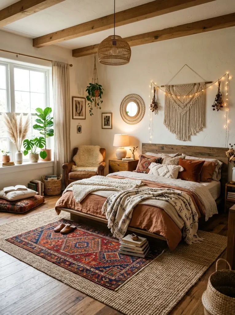 Boho bedroom with layered jute rugs, vintage patterns, and warm textured decor