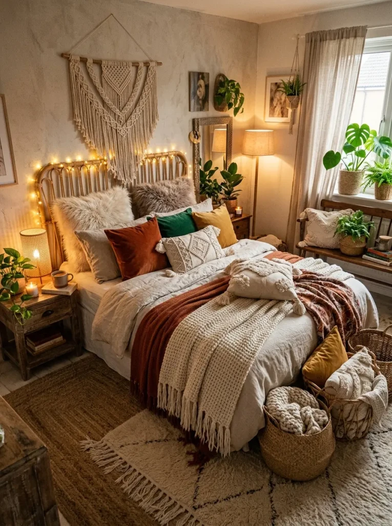 Cozy boho bedroom with velvet cushions, faux fur pillows, and layered blankets