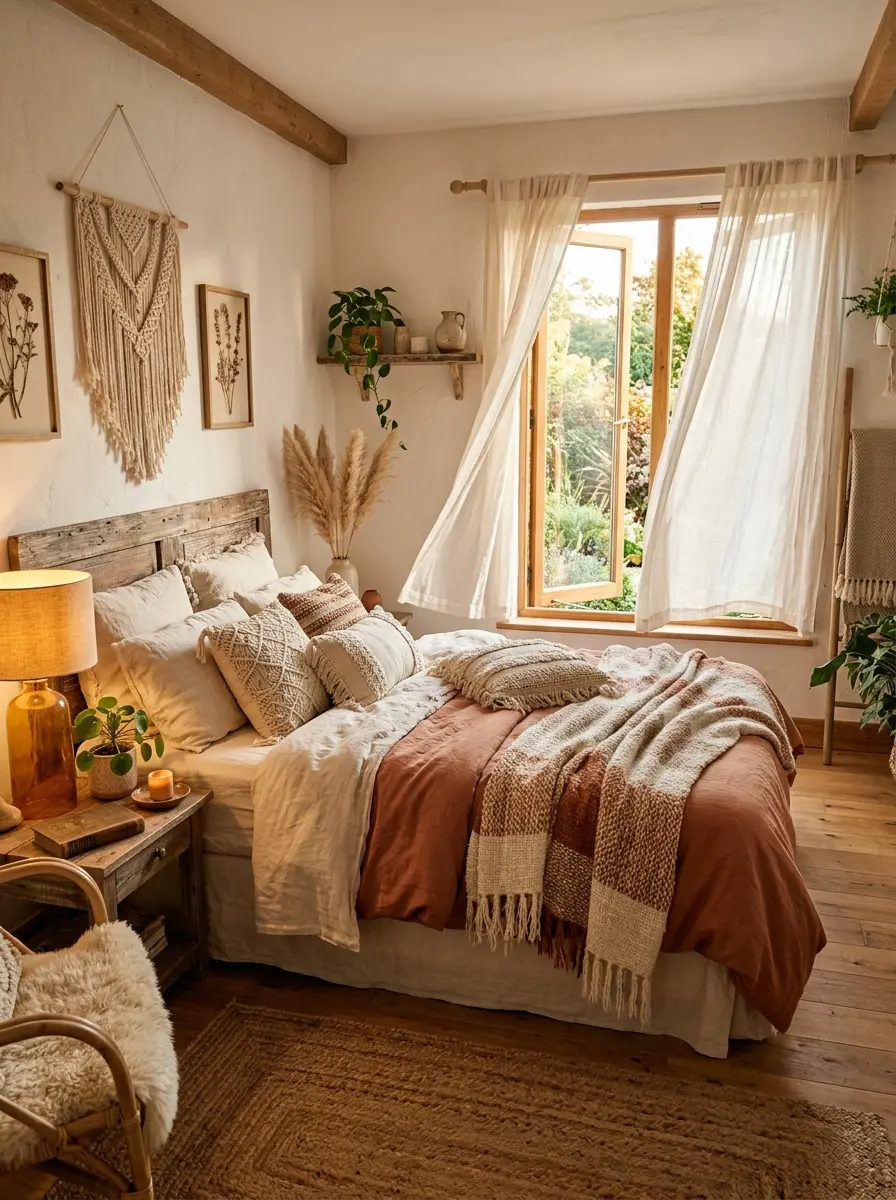 Cozy boho bedroom with flowing linen curtains, layered blankets, warm lighting, and earthy textured decor