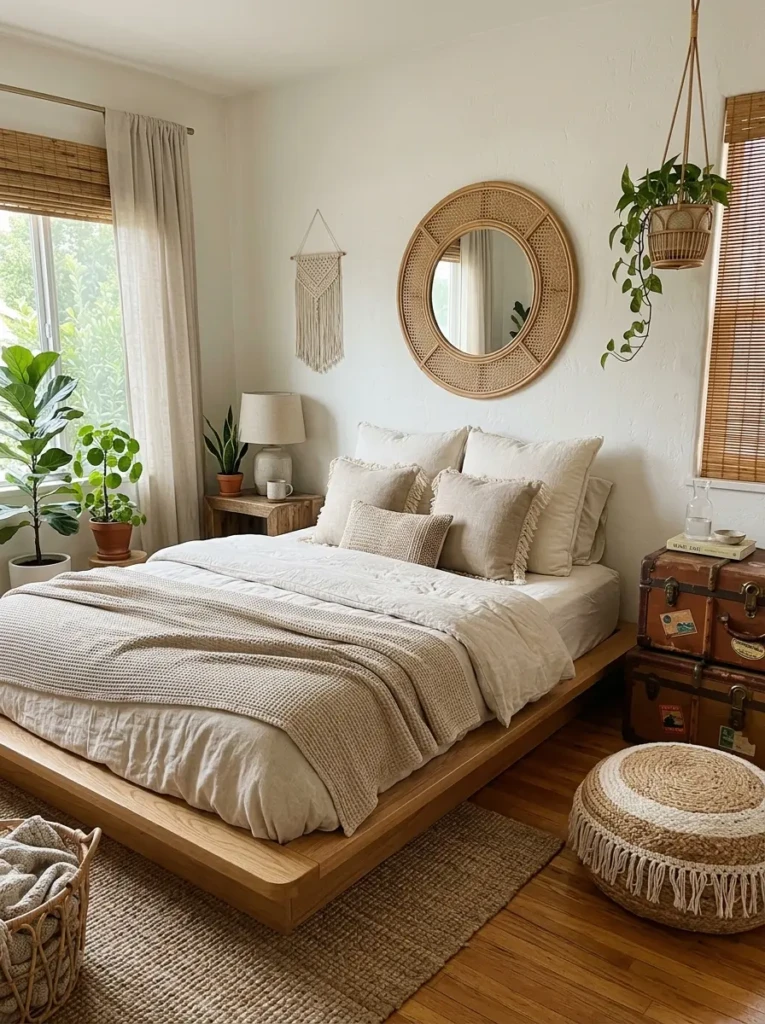 Minimal boho bedroom with a low wooden platform bed, layered neutral bedding, floor pouf, and cane accents.
