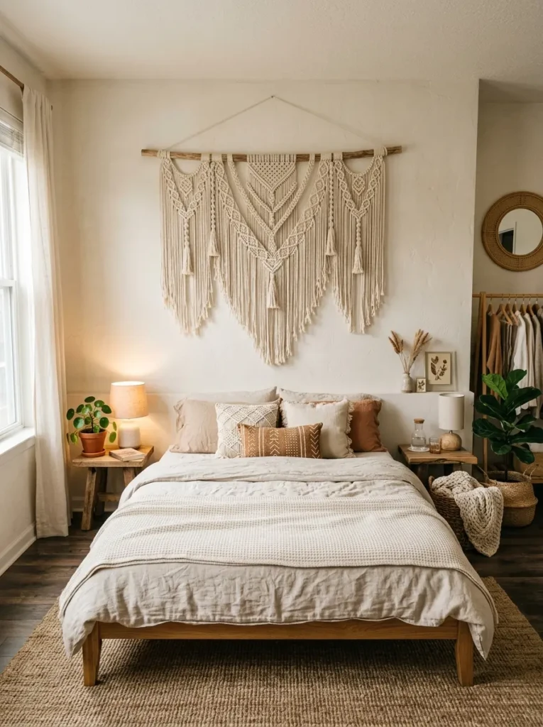 Boho bedroom with a large cream macrame wall hanging above the bed, neutral bedding, jute rug, and wood side tables.