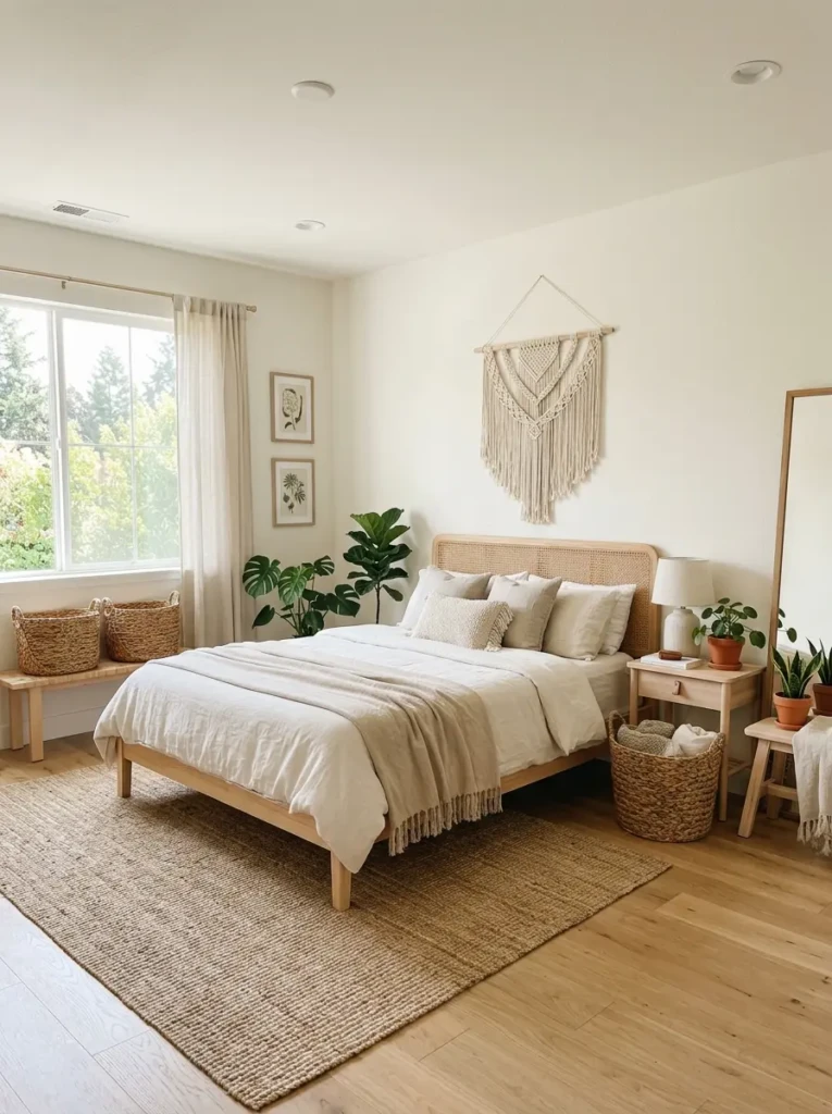 Airy boho bedroom with uncluttered layout, woven baskets, and natural wood furniture