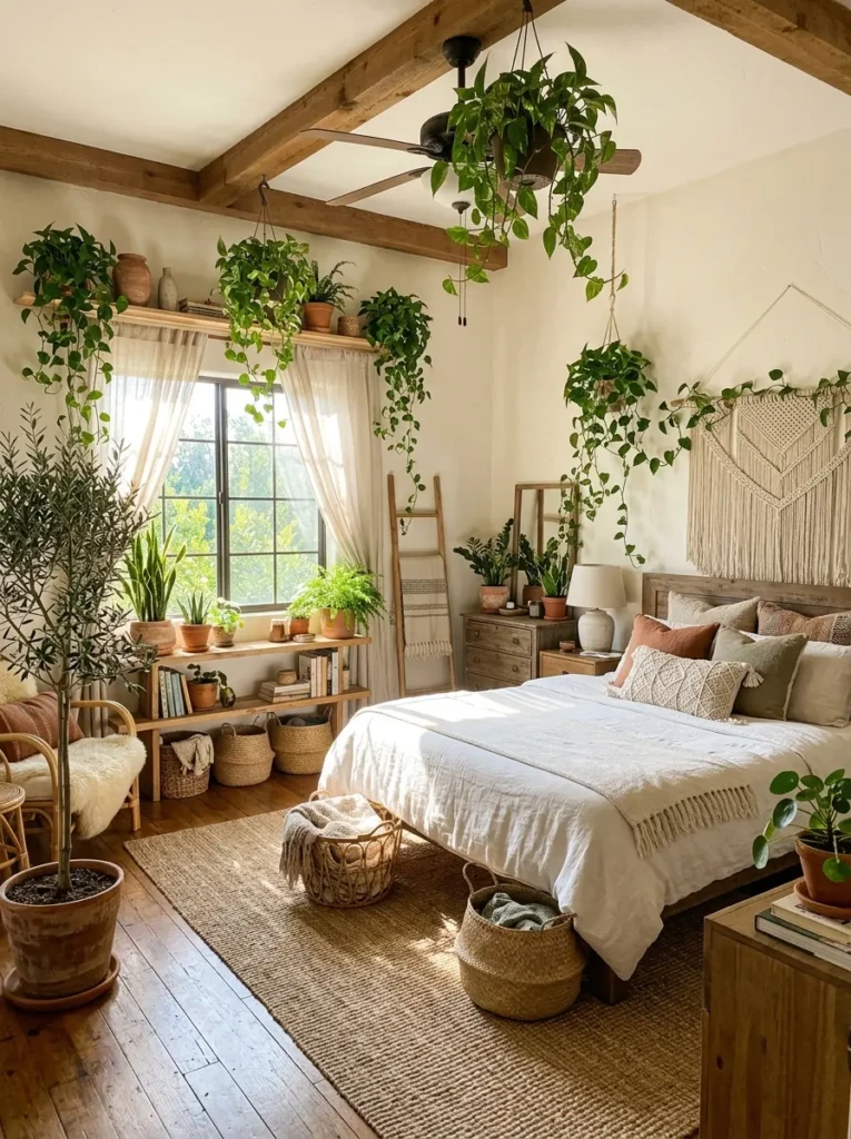 Bright boho bedroom with hanging plants, woven baskets, and natural sunlight