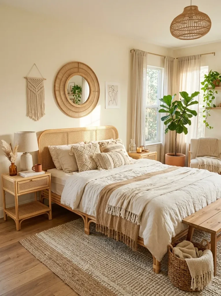 Elegant boho bedroom with rattan furniture, woven mirror, and neutral bedding
