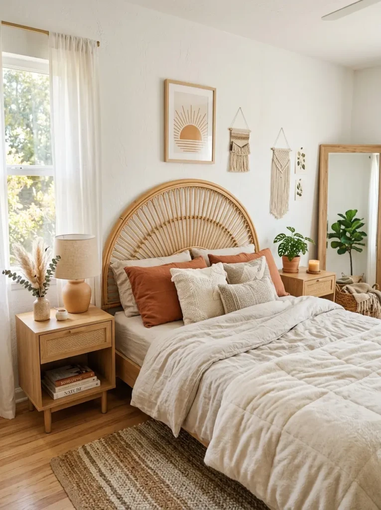 Boho bedroom featuring an arched rattan headboard, terracotta pillows, light wood nightstands, and soft neutral bedding.