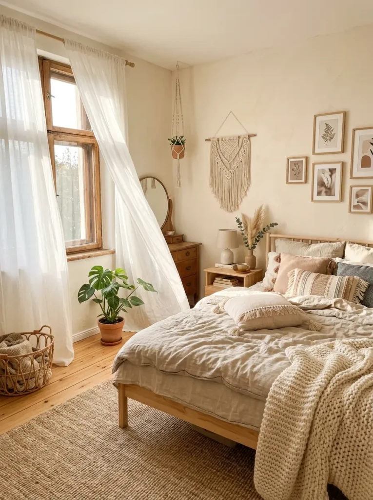 Airy boho bedroom with sheer white curtains and soft natural sunlight