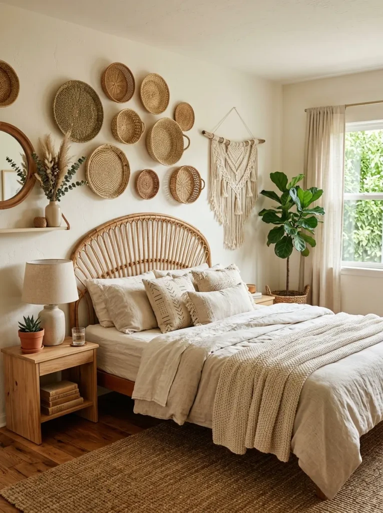 Boho bedroom with woven basket wall art, macramé hanging, and rattan headboard