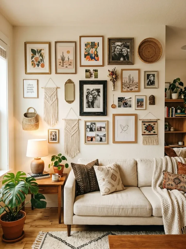 A boho living room wall decorated with mixed frames, art, and woven pieces for a personal touch
